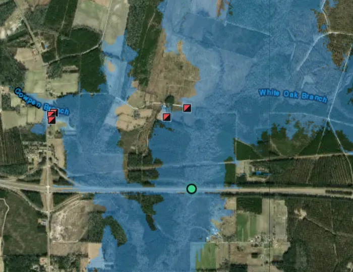 A flood drawn on the map over aerial imagery
