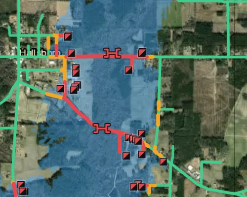 Flooded roads, bridges and structures marked on the map